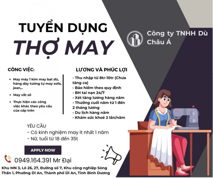 Công ty TNHH Dù Châu Á Cần tuyển thợ may 